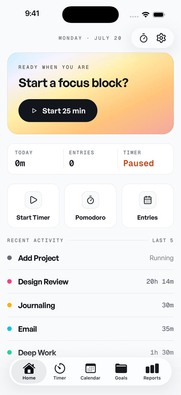 Pomlo home screen with a Start 25 min focus card, today's totals, and a recent activity list