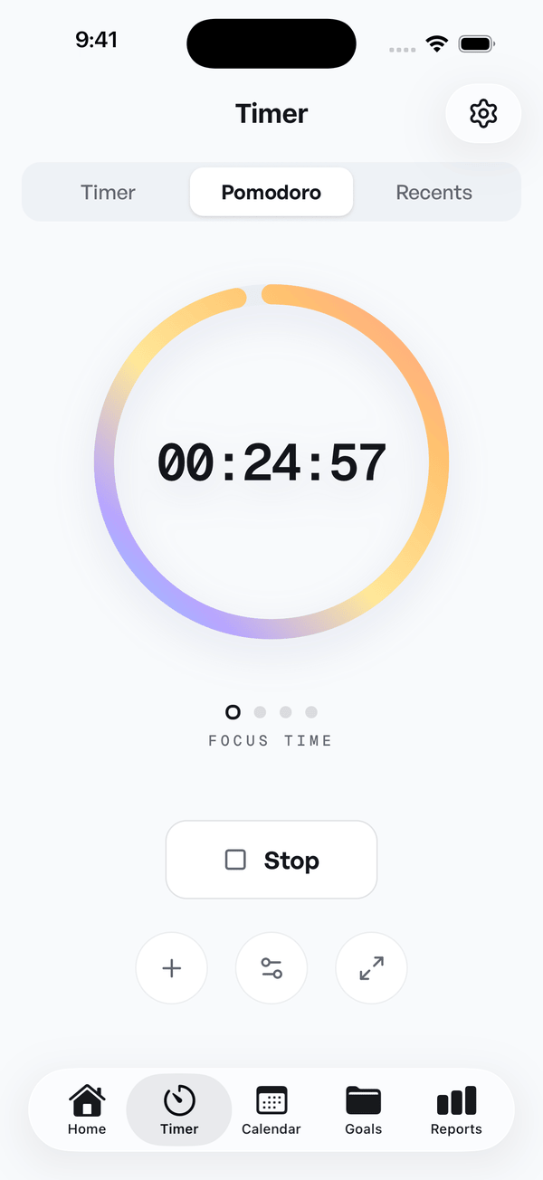 Pomodoro tab counting down 24 minutes 57 seconds inside a daybreak gradient ring, labelled focus time