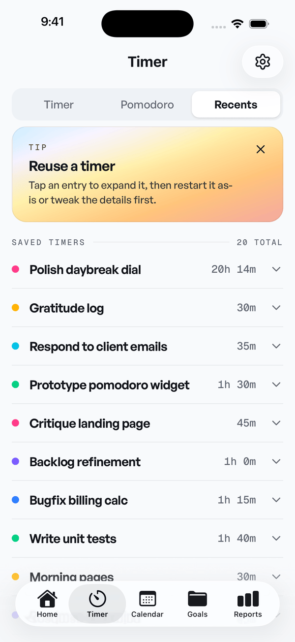 Recents tab listing saved timers such as gratitude log and backlog refinement with their logged durations, each ready to restart
