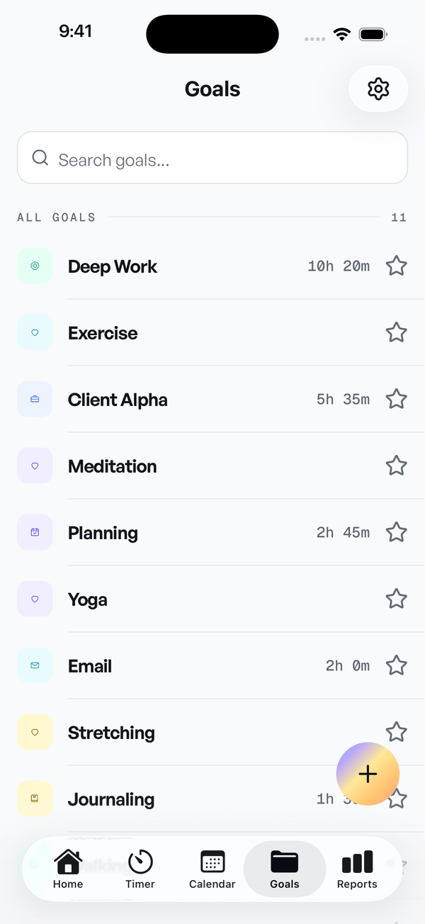 Goals tab listing deep work, exercise, client alpha and more, each with the hours tracked against it