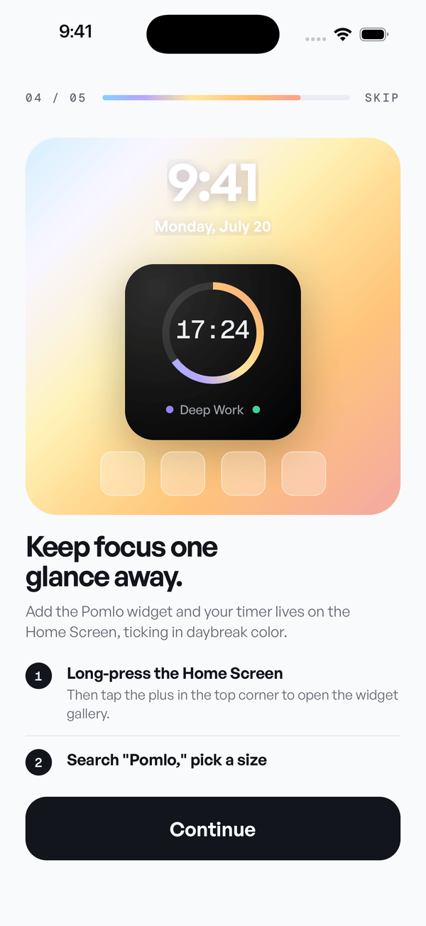 Home Screen widget setup showing the Pomlo widget ticking through a 17 minute Deep Work session over a daybreak wallpaper